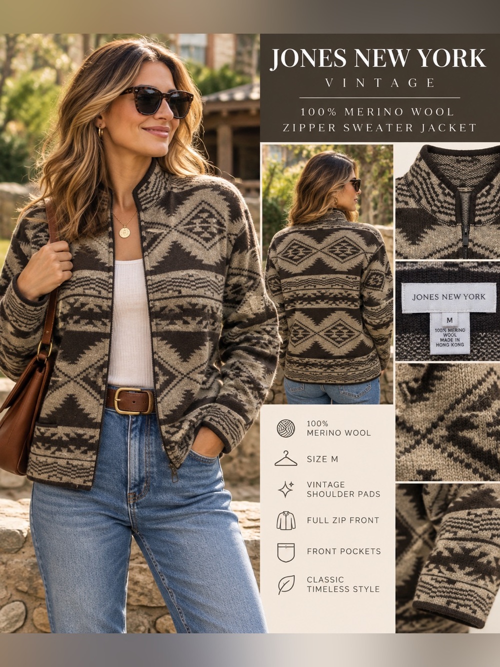 Jones New York Brown and Cream Geometric Merino Wool Zip Cardigan
